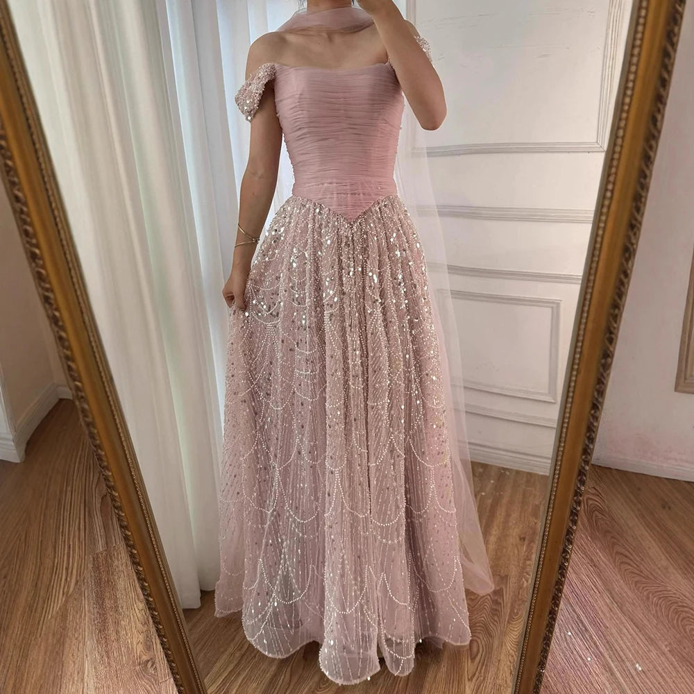 Luxury Arabic Pink Pearls Beaded Evening Dress With Cape LA72922 - SERENE HILL