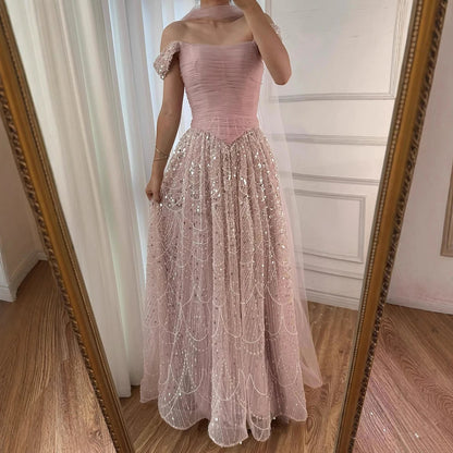 Luxury Arabic Pink Pearls Beaded Evening Dress With Cape LA72922 - SERENE HILL