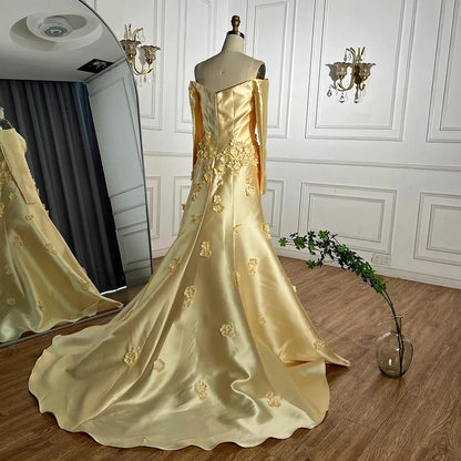 Luxury Dubai Arabia Yellow A-Line Satin Appliques Evening Dresses Gowns for Formal Occasion LA72833 - SERENE HILL