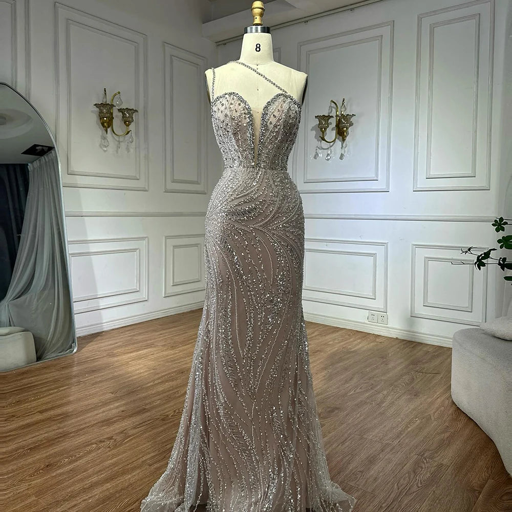 Luxury Dubai Nude Beaded One-Shoulder Evening Gown with Crystal for Formal Occasion LA72872 - SERENE HILL