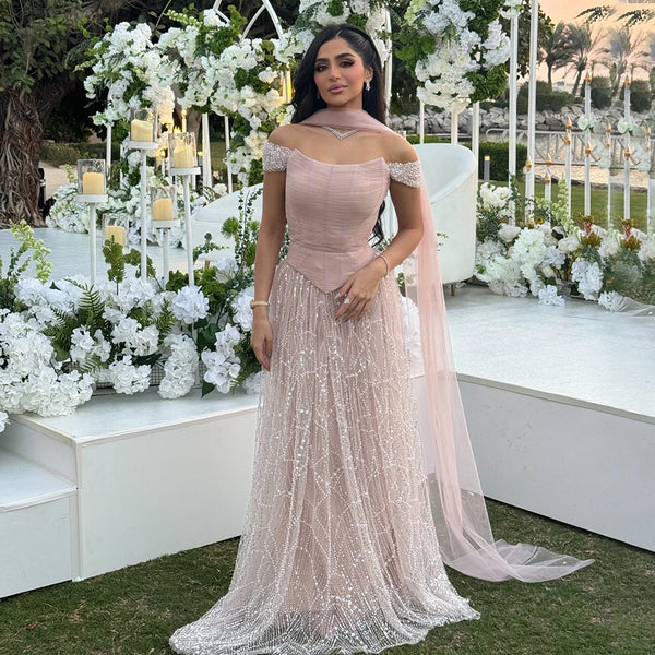 Luxury Arabic Pink Pearls Beaded Evening Dress With Cape 