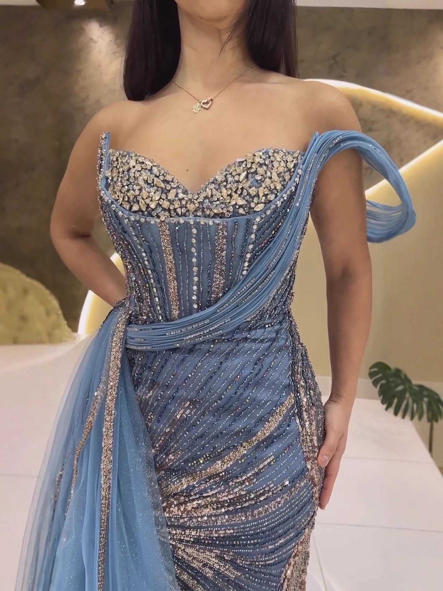 Luxury Blue Crystal Beaded One Shoulder Mermaid Evening Dress LA73425 - SERENE HILL