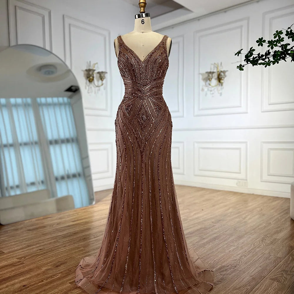V Neck Beaded Sleeveless Mermaid Evening Dress LA73013 - SERENE HILL