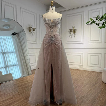 Luxury White Nude Beaded Evening Dress with Overskirt LA73107 - SERENE HILL