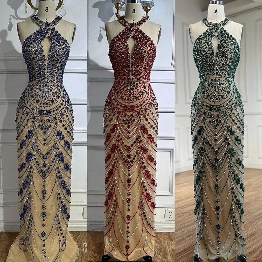 Luxury Blue Halter Crystal Beaded Evening Dress LA72760 - SERENE HILL