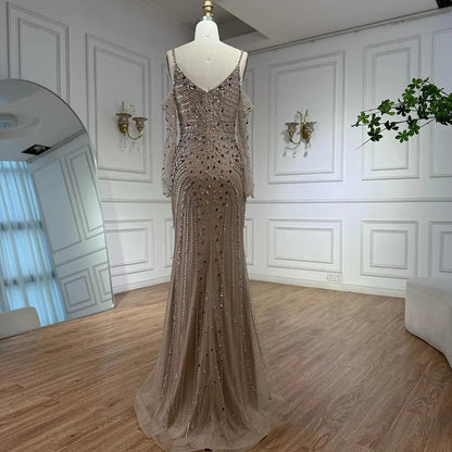 Luxury Nude Navy Blue Silver Beaded Evening Dress with Long Sleeves LA73120 - SERENE HILL