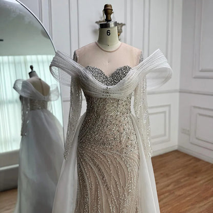 Elegant White Nude Sequin Beaded Mermaid Evening Gown LA72266C - SERENE HILL