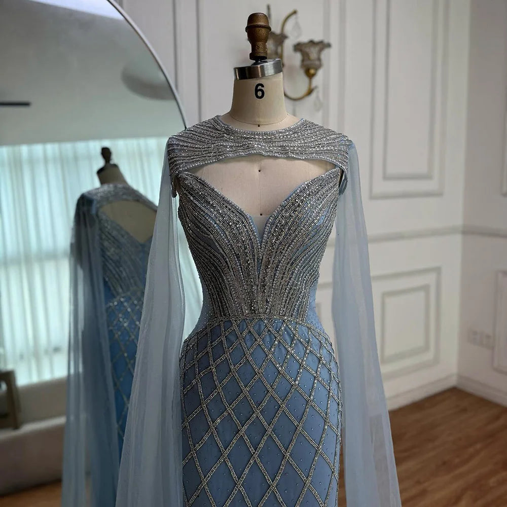 Luxury Nude Beaded Mermaid Evening Dress with Cape LA72814 - SERENE HILL