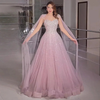 Luxury Pink Tulle Beaded A-Line Evening Dress with Cape Sleeves LA73072 - SERENE HILL