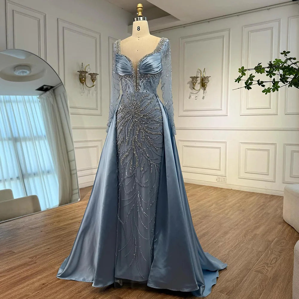 Luxury Muslin Blue hijab Evening Dress With Long Sleeves LA72963 - Blue / 12 Luxury Muslin Blue hijab Evening Dress With Long Sleeves LA72963 - Blue / 12