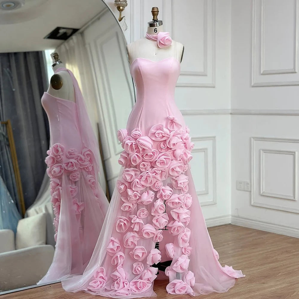 Elegant Evening Dress for Girls Arabic Pink 3D Flowers Elegant Srapless Dress Side Split Prom Party Gowns LA72568 - SERENE HILL