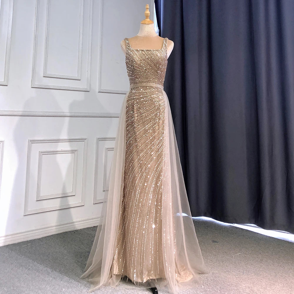 Serene Hill Sexy Silver Mermaid Detachable Skirt Beaded Luxury Arabic Evening Dresses Gowns 2025 For Women Party LA71618 - SERENE HILL