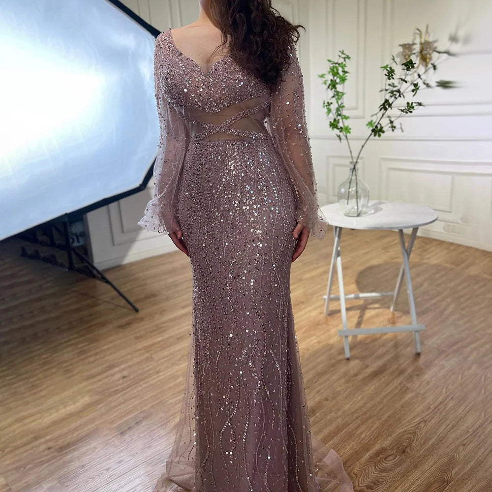 Serene Hill Sexy Mint Mermaid Elegant V-Neck Beaded Luxury Arabic Shiny Evening Dresses Gowns For Women Party 2025 LA71784 - SERENE HILL
