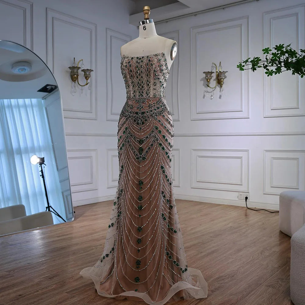 Luxury Green Beaded Saudi Arabic Evening Gown for Formal Occasion LA72842 - SERENE HILL
