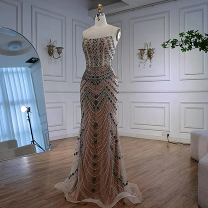 Luxury Green Beaded Saudi Arabic Evening Gown for Formal Occasion LA72842 - SERENE HILL