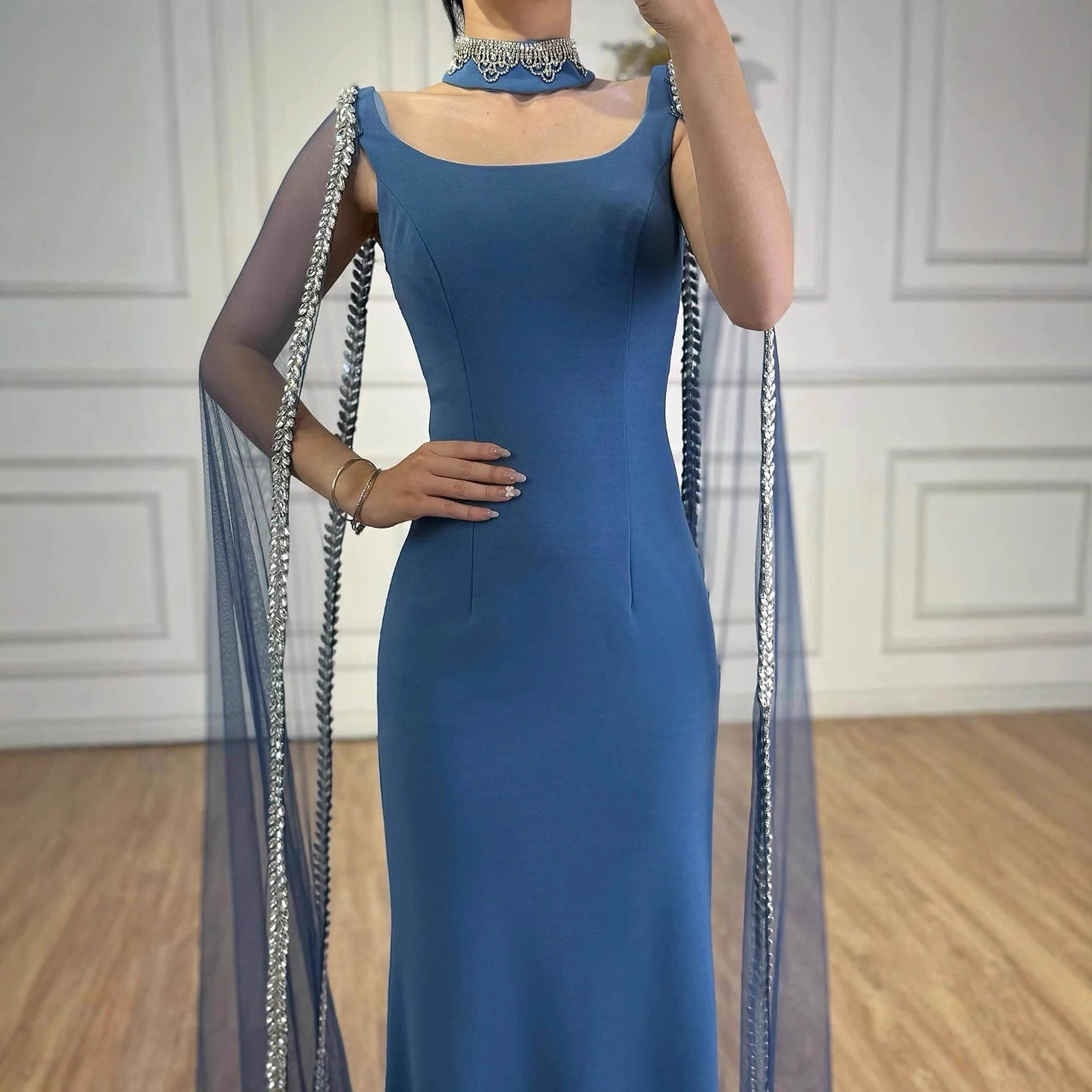 Luxury Blue Mermaid Beaded Evening Dress with Cape Sleeves LA72086 - SERENE HILL