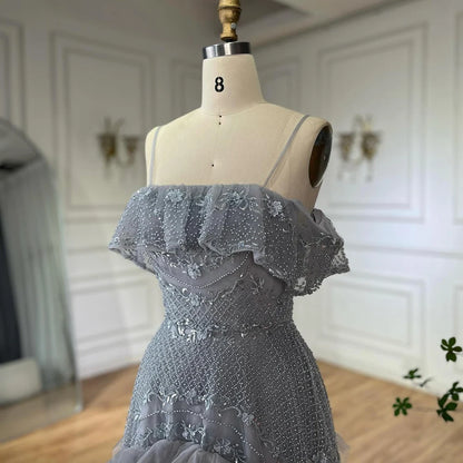 Luxury Dubai Arabic Gray A-Line Off-The-Shoulder Beaded Luxury Saudi Evening Gown for Formal Occasion LA72762 - SERENE HILL