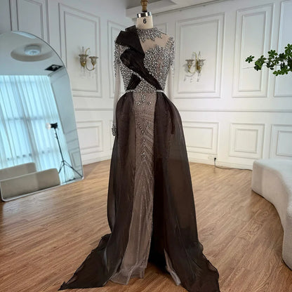 Silver Nude Beaded Long Sleeve Arabic Evening Dress LA72769A - SERENE HILL