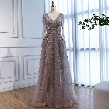 Luxury Pink Beaded A-Line Evening Dress with V Neck &amp; Long Sleeves LA73114 - SERENE HILL