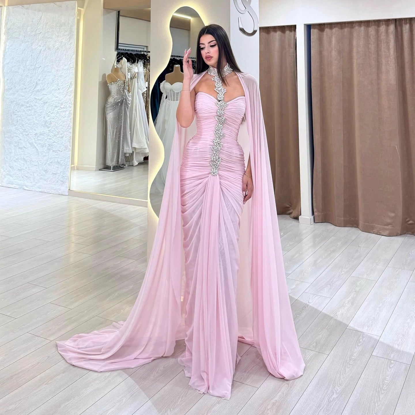 Luxury Pink Halter Crystal Beaded Evening Dress with Cape LA73374 - SERENE HILL