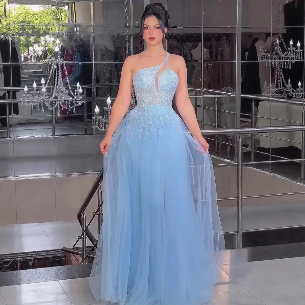 Serene Hill Blue Spaghetti Strap A Line One Shoulder Prom Dress 2025 LA72589 - SERENE HILL