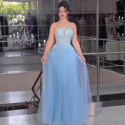 Serene Hill Blue Spaghetti Strap A Line One Shoulder Prom Dress 2025 LA72589 - SERENE HILL