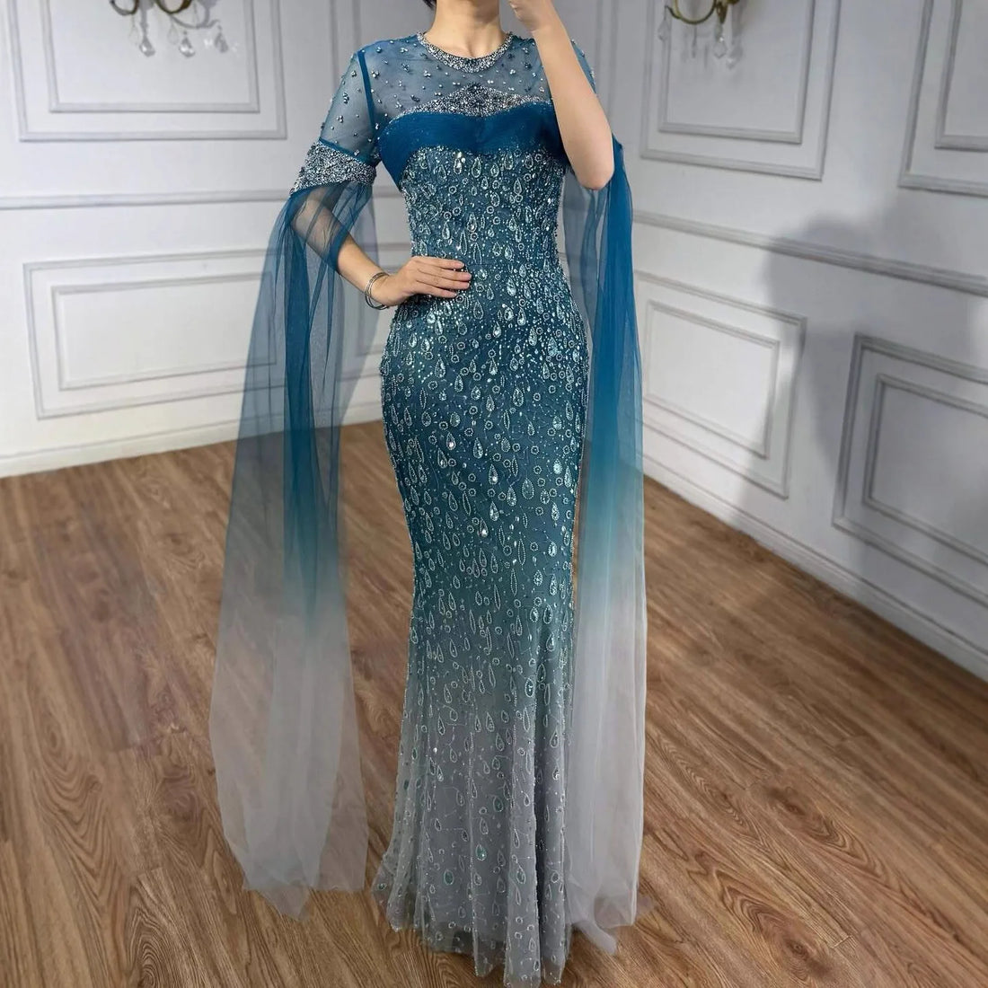 Luxury Arabic Gradient Green Mermaid Evening Dress With Cape LA73414 - SERENE HILL
