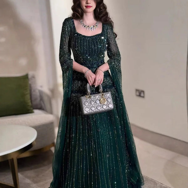 Luxury Green A-LineBeaded  Evening Dress with Cape Sleeves LA73089