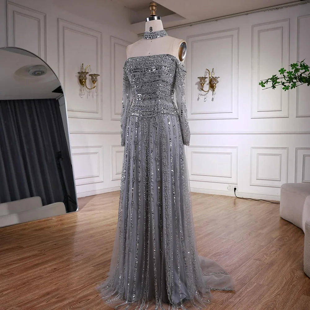 Luxury Caramel Off Shoulder Beaded Mermaid Evening Dress Long Sleeves LA73053 - SERENE HILL