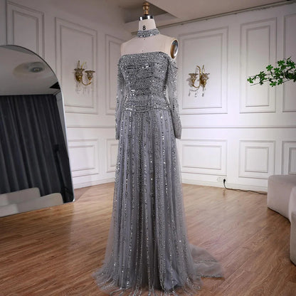 Luxury Caramel Off Shoulder Beaded Mermaid Evening Dress Long Sleeves LA73053 - SERENE HILL