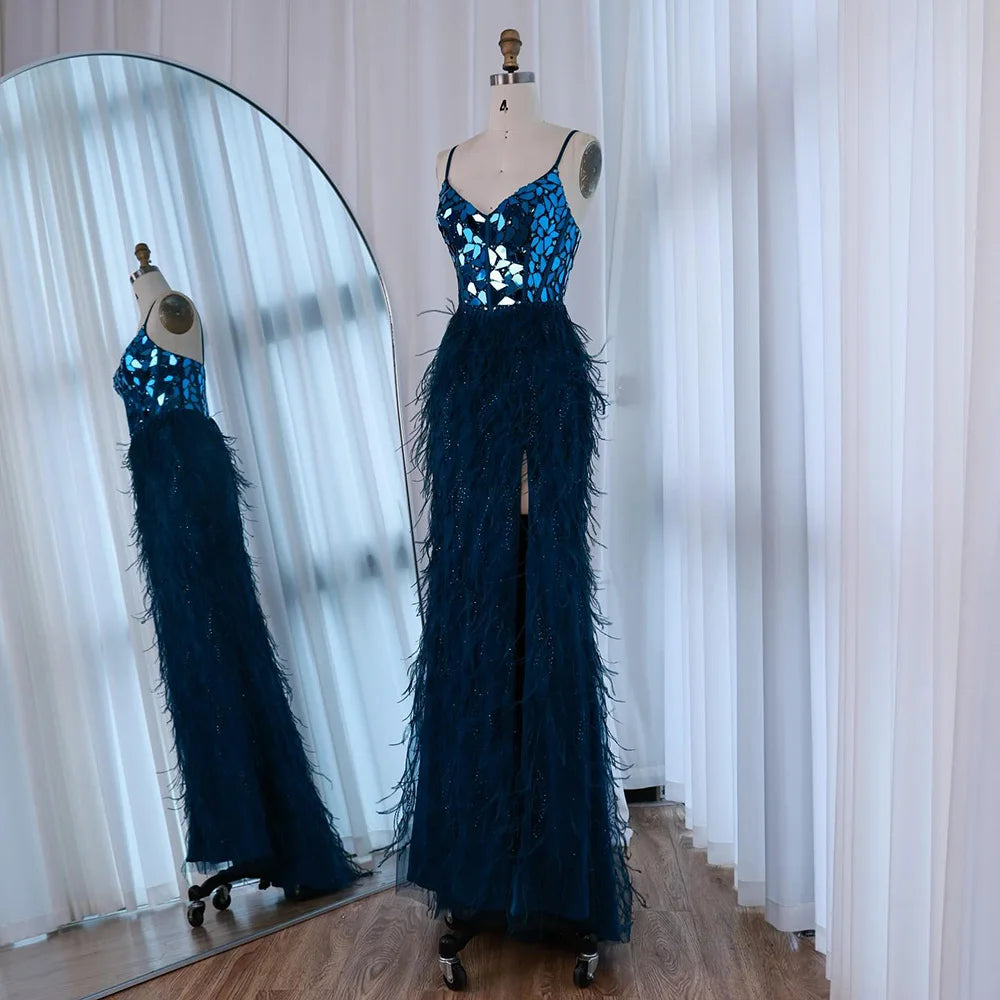 Luxury Peacock Blue Feather Evening Dress with Mirror Beaded Bodice LA73008 - SERENE HILL