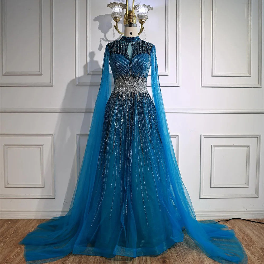 Luxury Modest Blue Beaded Evening Dress with Cape LA73059 Blue / 8 Luxury Modest Blue Beaded Evening Dress with Cape LA73059 Blue / 8