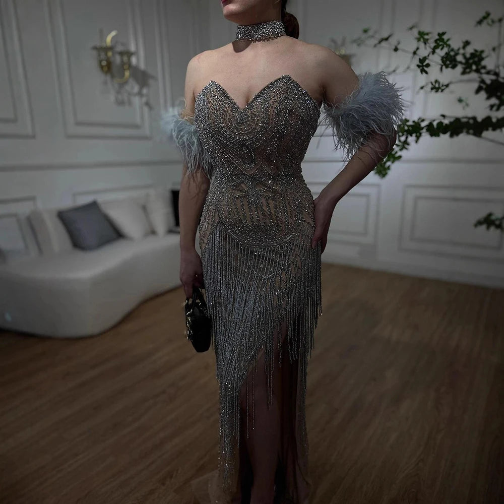 Luxury Silver Nude Mermaid Evening Dress with Beaded Tassel LA72083 - SERENE HILL