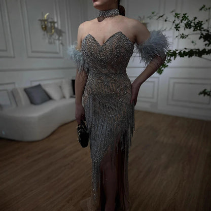 Luxury Silver Nude Mermaid Evening Dress with Beaded Tassel LA72083 - SERENE HILL