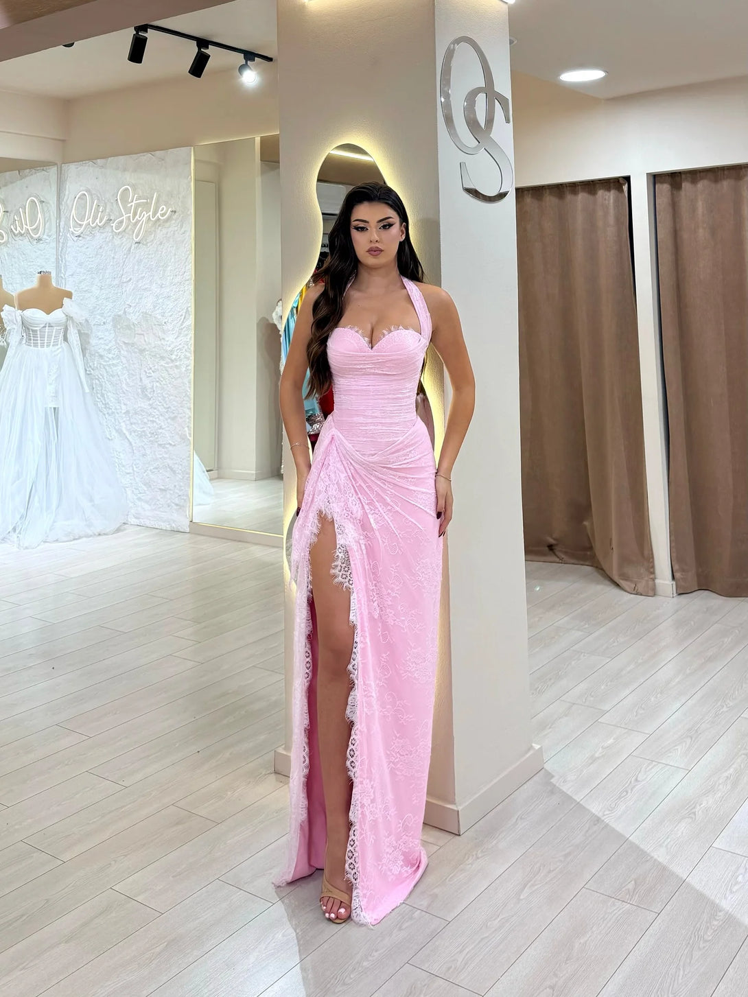 Luxury Pink Lace Halter Saudi Arabic High Split Evening Dress LA73372 Pink / 4