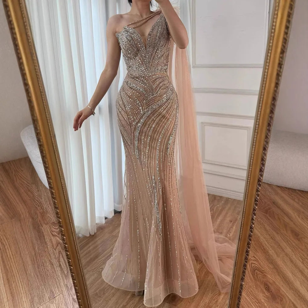 Luxury Caramel One Shoulder Beaded Mermaid Evening Dress LA72895 - SERENE HILL