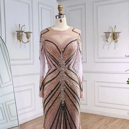 Luxury Pink Modest Dubai Mermaid Evening Dress Long Sleeevs 2026 LA73213 - SERENE HILL