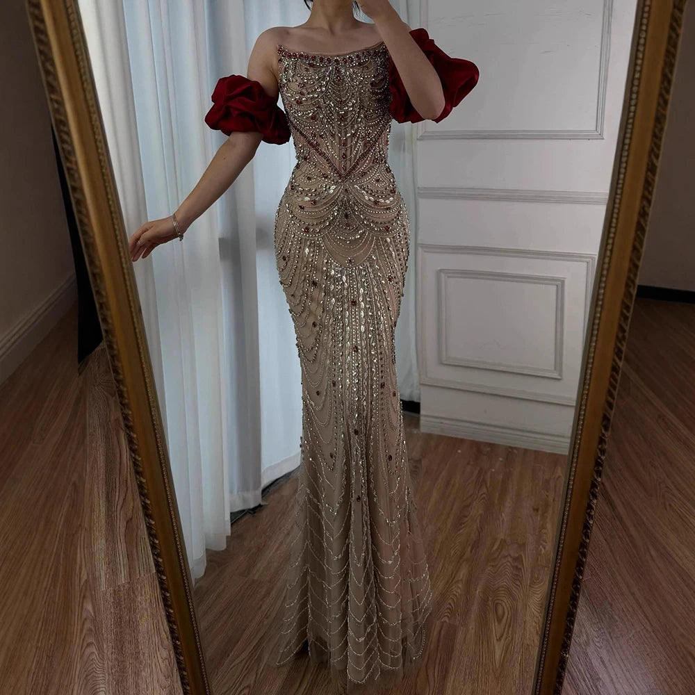 Luxury Beaded Evening Dresses with Elegant Puff Sleeves Pearl Beaded White / 4 Luxury Beaded Evening Dresses with Elegant Puff Sleeves Pearl Beaded White / 4
