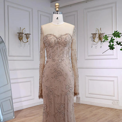 Luxury Arabic Lace Beaded Mermaid Evening Dress with Sleeves LA72545 - SERENE HILL