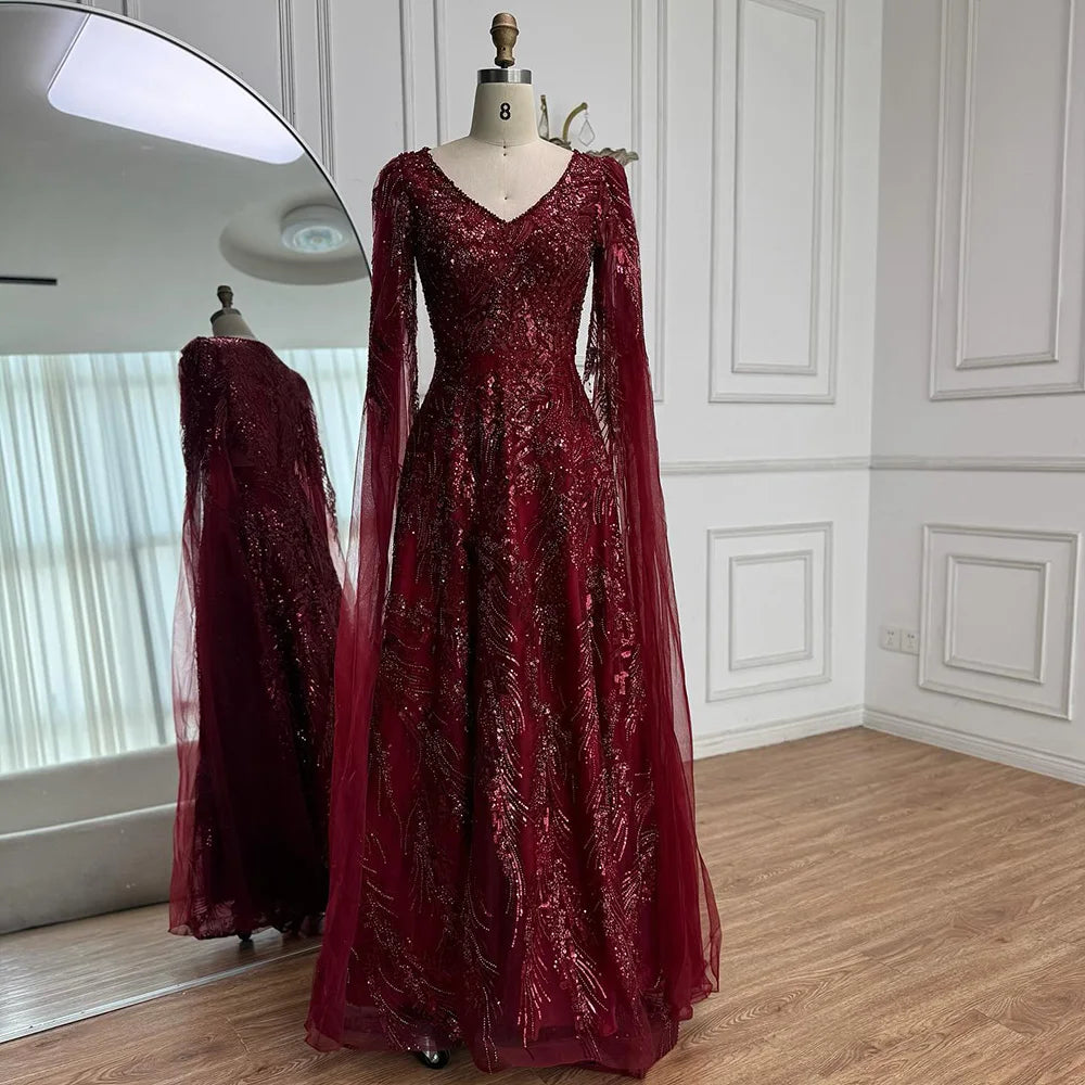 Luxury Wine Red A-Line Luxury Beaded Evening Dress with Cape LA73127 - SERENE HILL