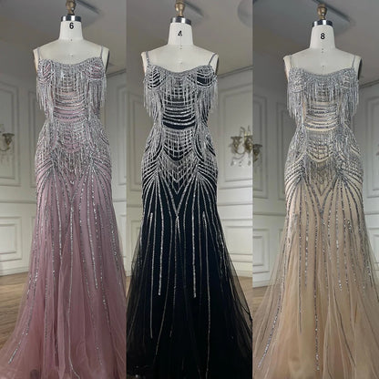Luxury Nude Pink Crystal Tassel Mermaid Evening Dress LA72772 - SERENE HILL