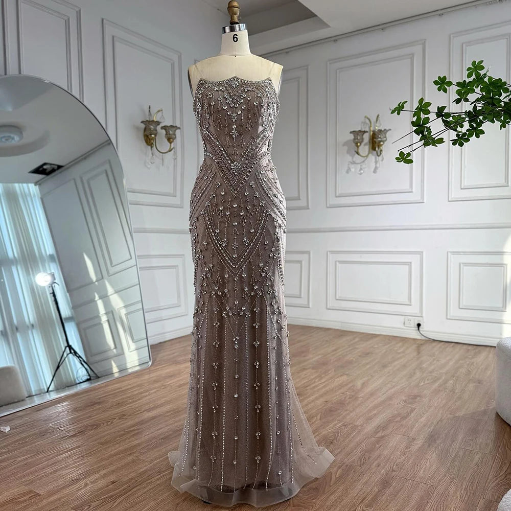 Luxury Caramel Crystal Beaded Mermaid Evening Gown with Gloves LA73186 - SERENE HILL