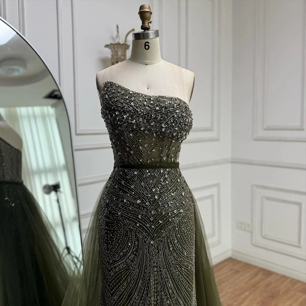 Luxury Olive Green Beaded Mermaid Evening Dress with Detachable Overskirt LA73164A - SERENE HILL