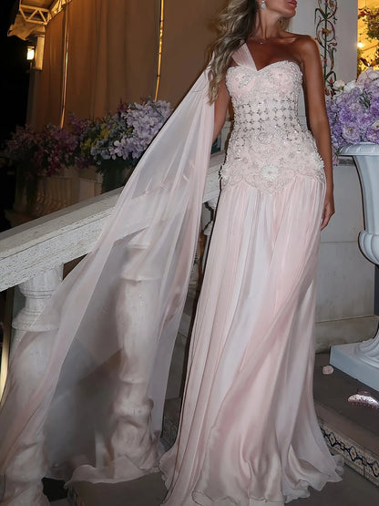 Luxury Pink Arabic Floral chiffon Evening Dress With Cape LA73451 - SERENE HILL