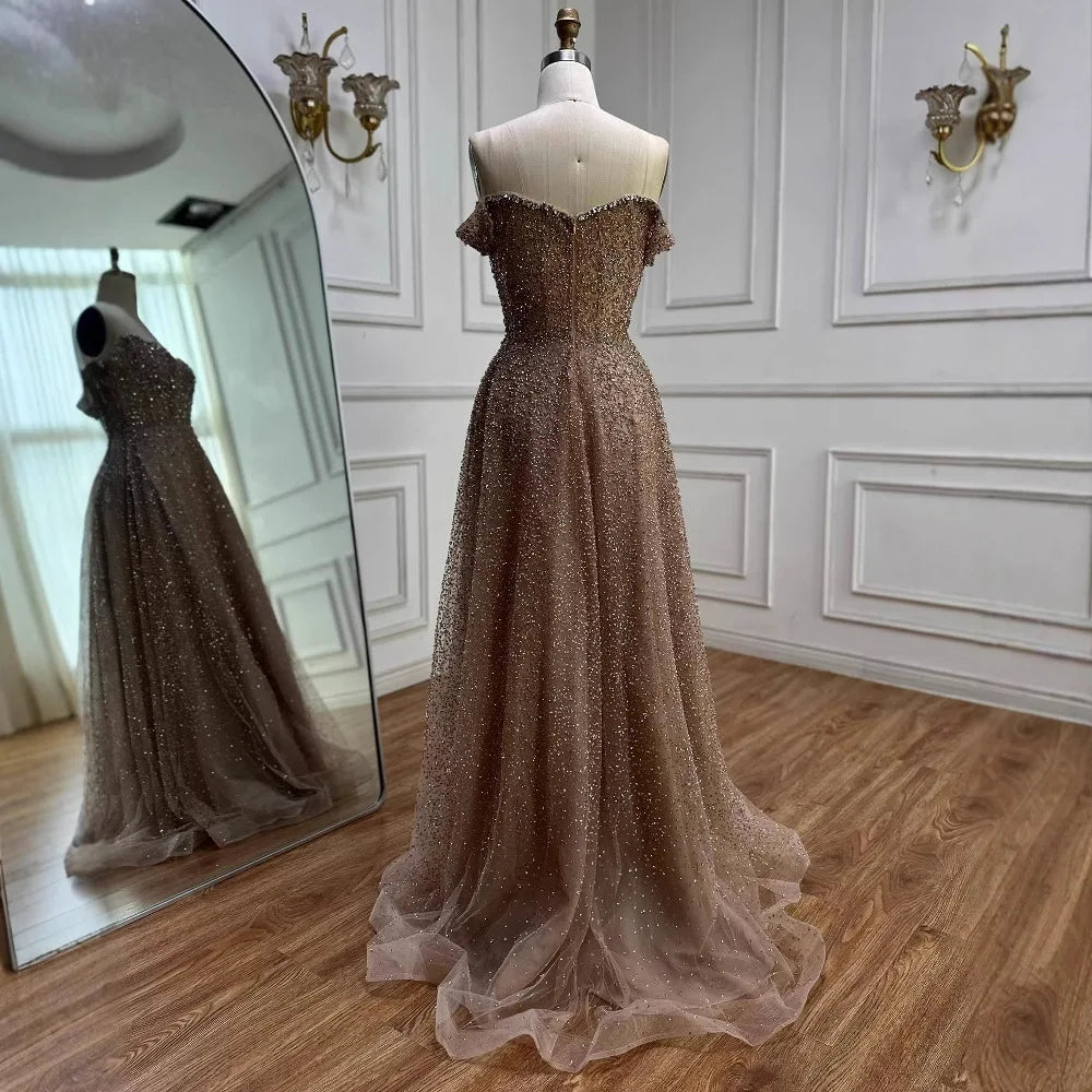 Caramel Off Shoulder A-Line Arabic Evening Dress LA72147B - SERENE HILL