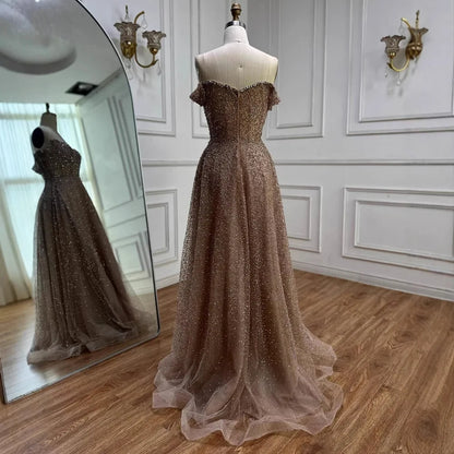 Caramel Off Shoulder A-Line Arabic Evening Dress LA72147B - SERENE HILL