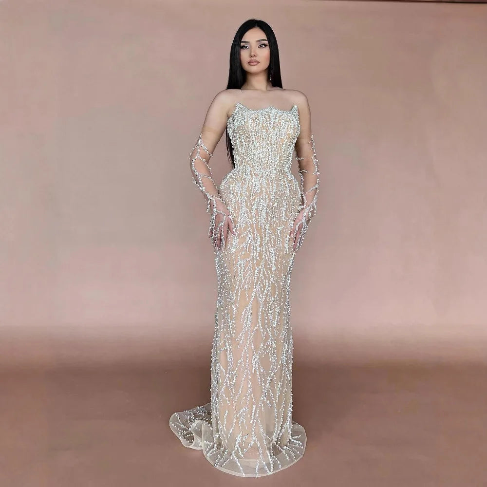 Luxury Nude Pearl Beaded Mermaid Evening Gown with Gloves LA72345C - SERENE HILL