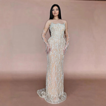Luxury Nude Pearl Beaded Mermaid Evening Gown with Gloves LA72345C - SERENE HILL