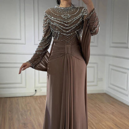 Luxury Designer Modest Brown Stretch Material Mermaid Evening Dress LA72993 - SERENE HILL