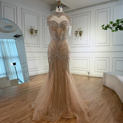 Luxury Nude Beaded High Neck Mermaid Evening Dress LA72897 - SERENE HILL